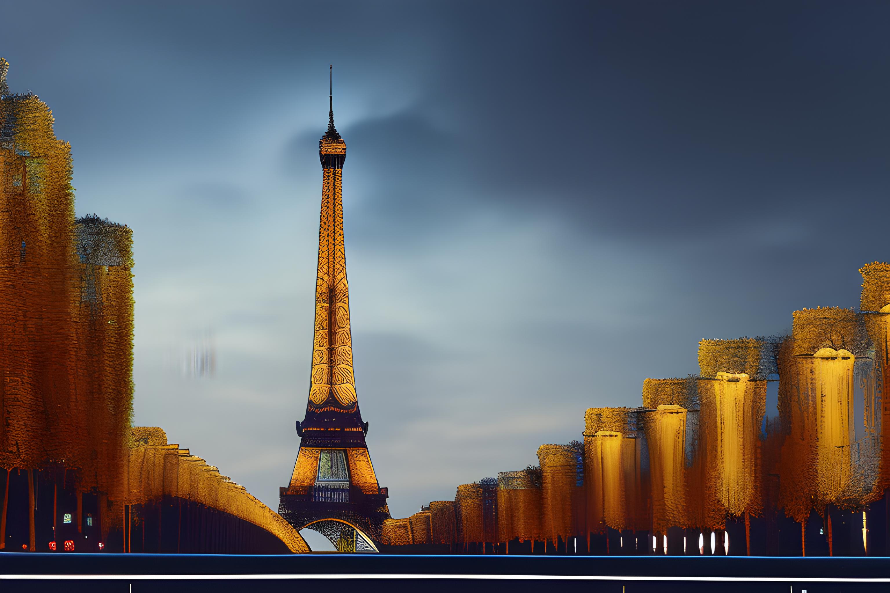 uno skiline di parigi con la tour eiffel illuminata vista dal ponte dello champs elysee
